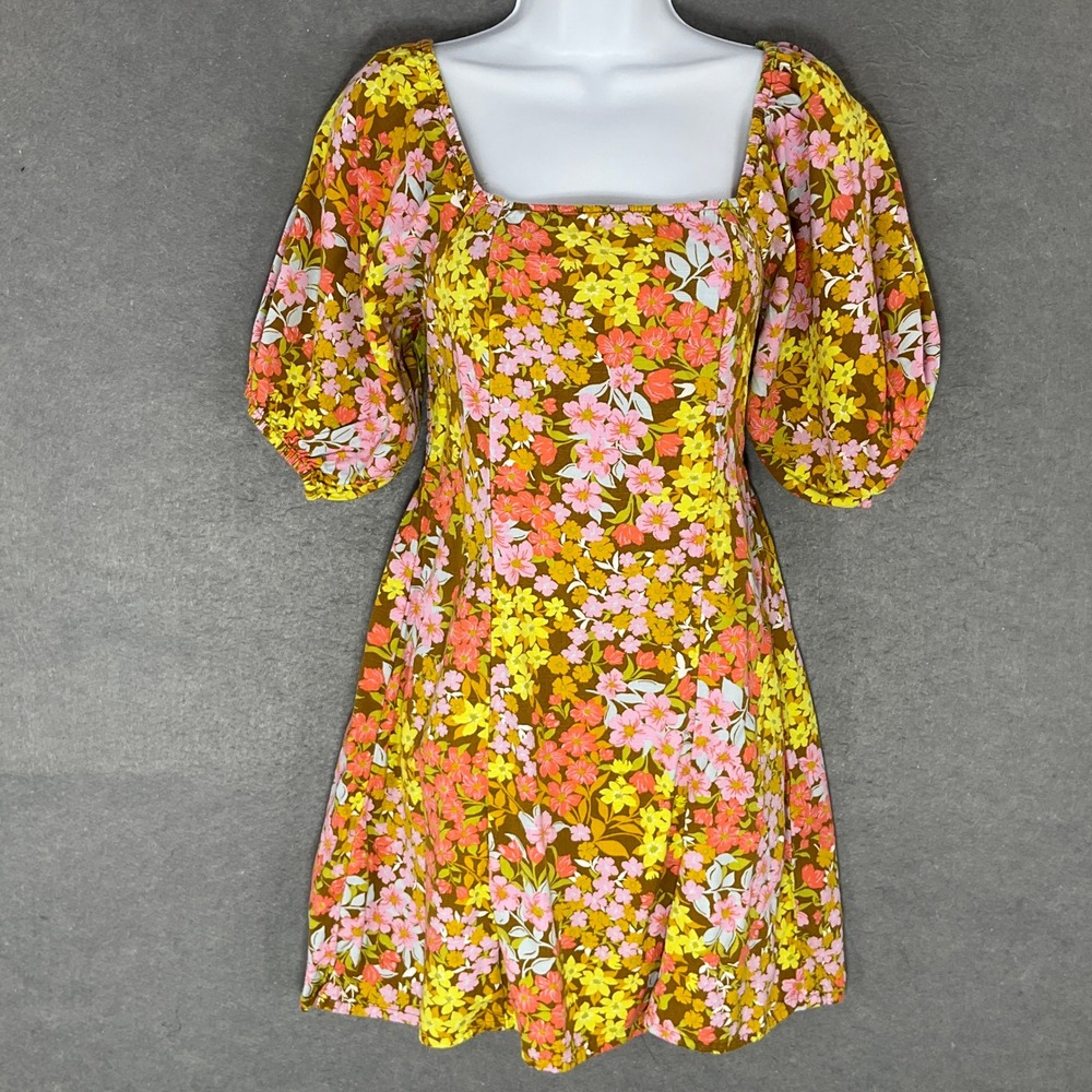 Billabong Floral Mini Dress Square Neck Puff‎ Sleeve Paradise Smocked Bodice